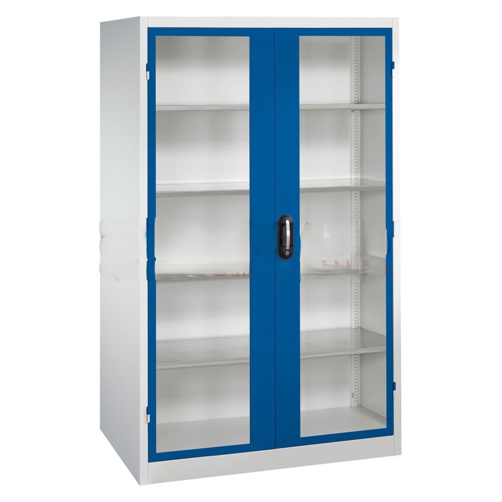 Cabinet material cabinet with viewing windows in 2 hinged doors and 4 floors