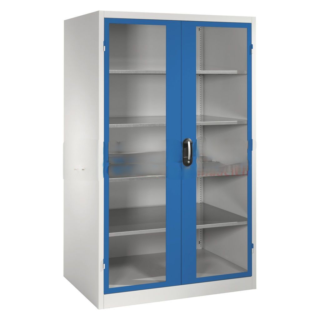 Cabinet material cabinet with viewing windows in 2 hinged doors and 4 floors
