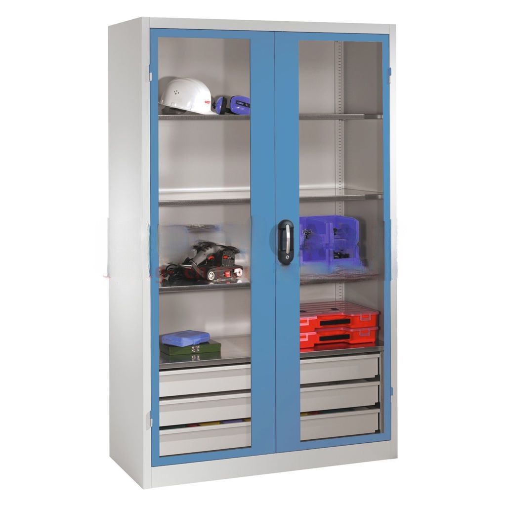 Cabinet material cabinet with viewing window in 2 hinged doors, 4 floors and 3 drawers