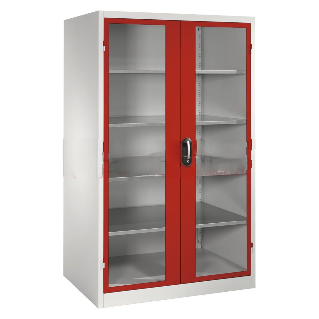 Cabinet material cabinet with viewing windows in 2 hinged doors and 4 floors
