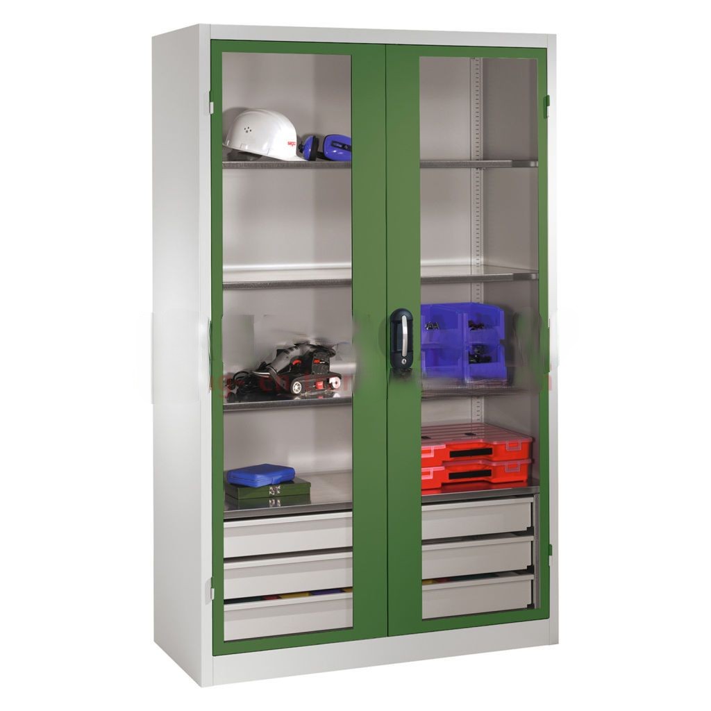 Cabinet material cabinet with viewing window in 2 hinged doors, 4 floors and 3 drawers