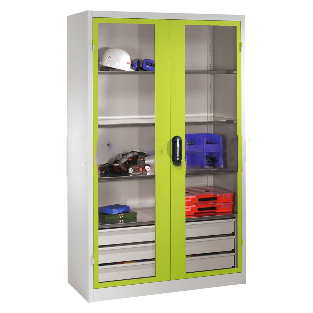 Cabinet material cabinet with viewing windows in 2 hinged doors, 3 floors and 3 drawers