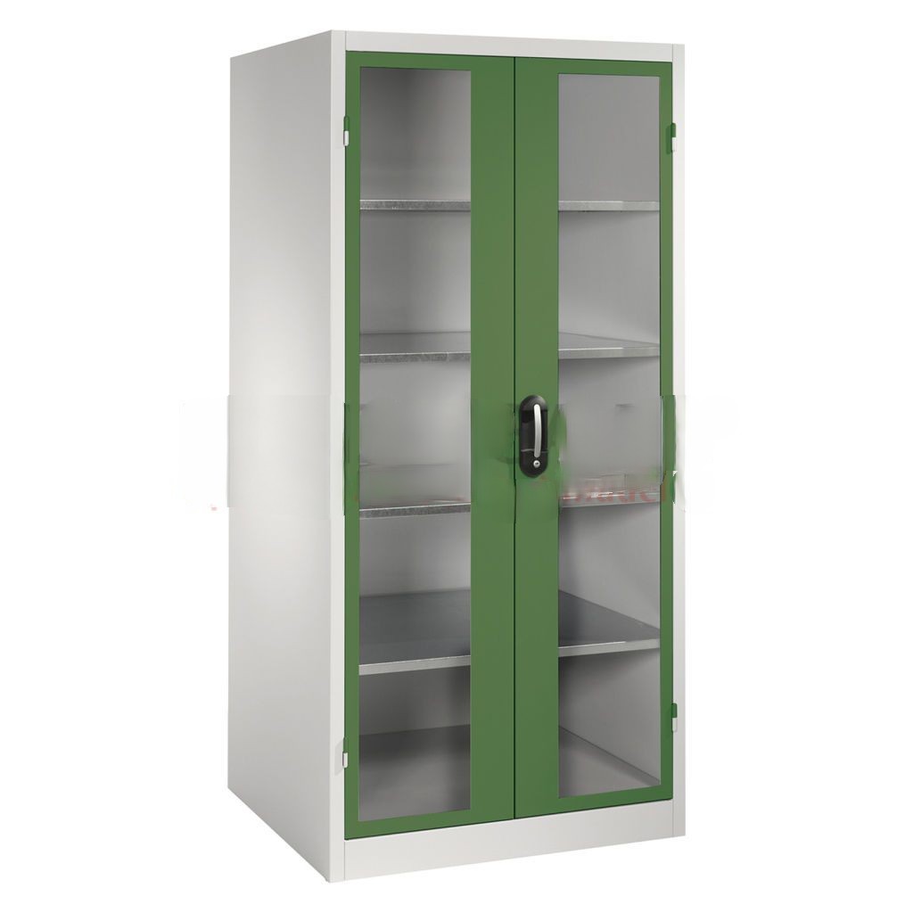 Cabinet material cabinet with viewing windows in 2 hinged doors and 4 floors