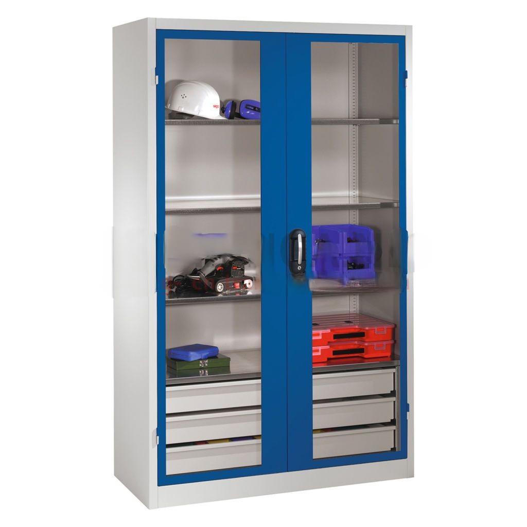 Cabinet material cabinet with viewing window in 2 hinged doors, 4 floors and 3 drawers