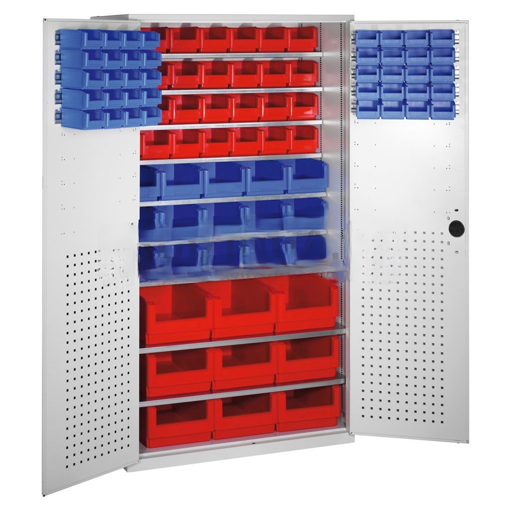 Cabinet boxes cabinet with 2 hinged doors and 92 storage bins