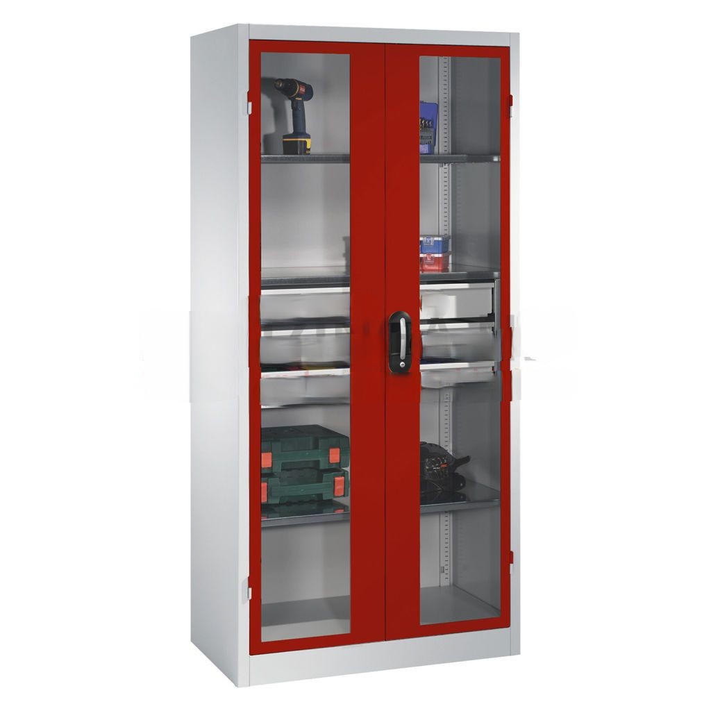 Cabinet material cabinet with viewing windows in 2 hinged doors, 3 floors and 3 drawers