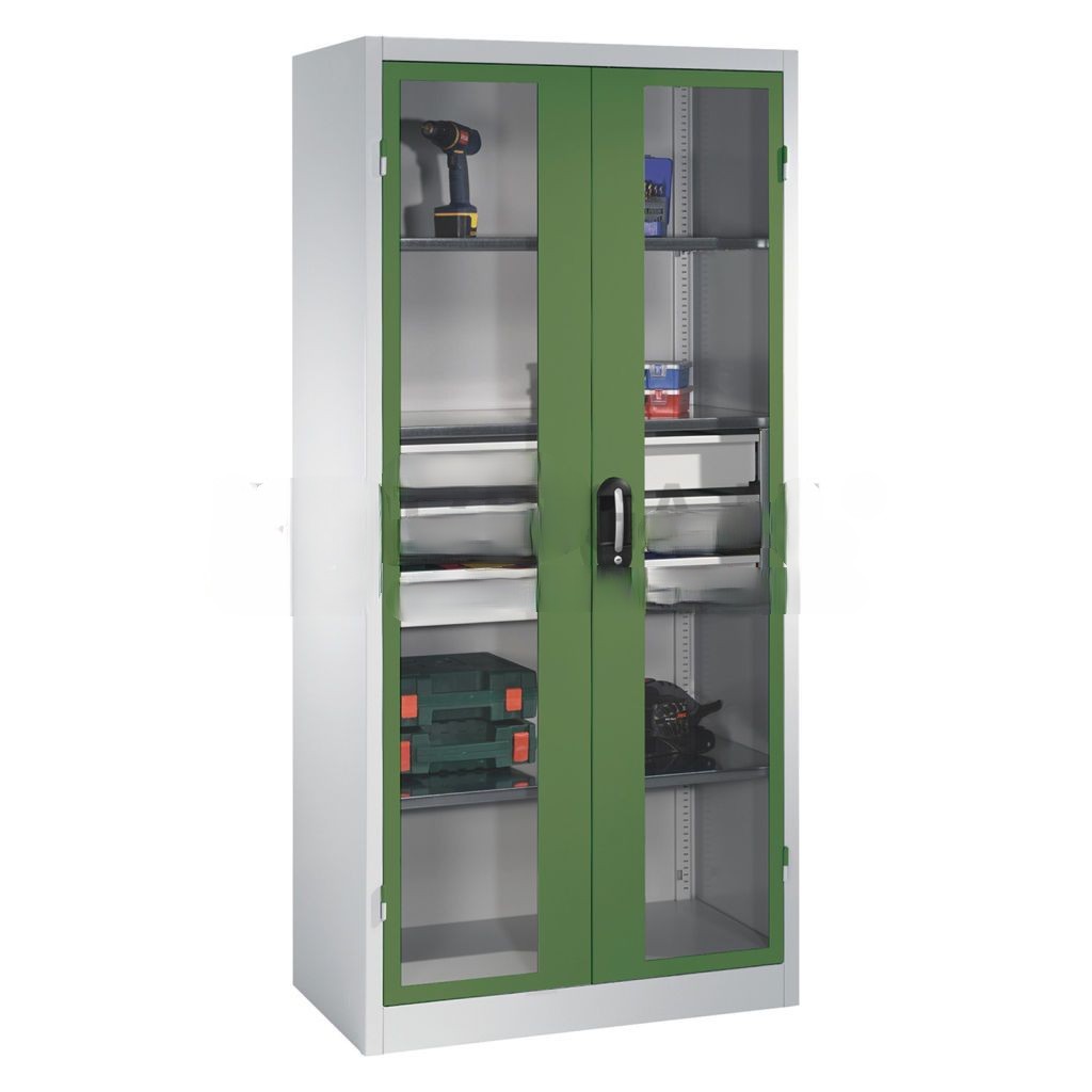 Cabinet material cabinet with viewing windows in 2 hinged doors, 3 floors and 3 drawers