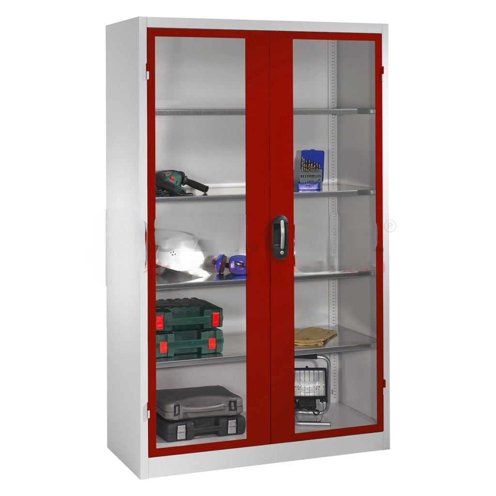 Cabinet material cabinet with viewing windows in 2 hinged doors and 4 floors