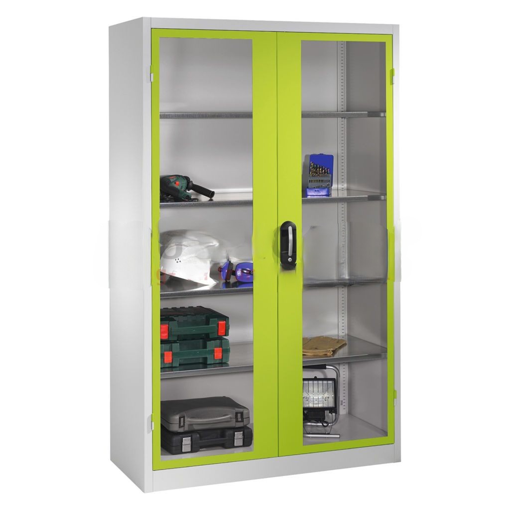 Cabinet material cabinet with viewing windows in 2 hinged doors and 4 floors