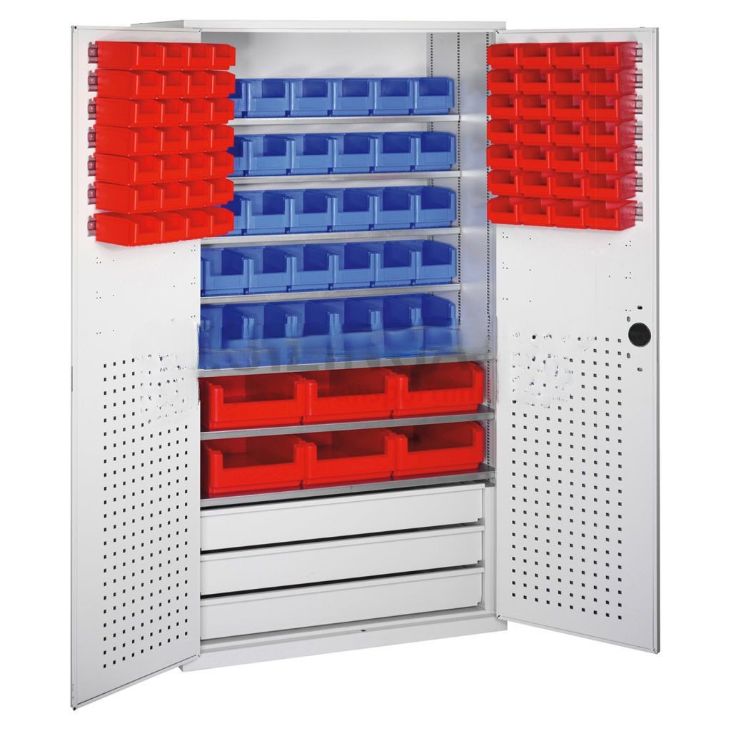 Cabinet boxes cabinet with 2 hinged doors, 3 drawers and 97 storage bins
