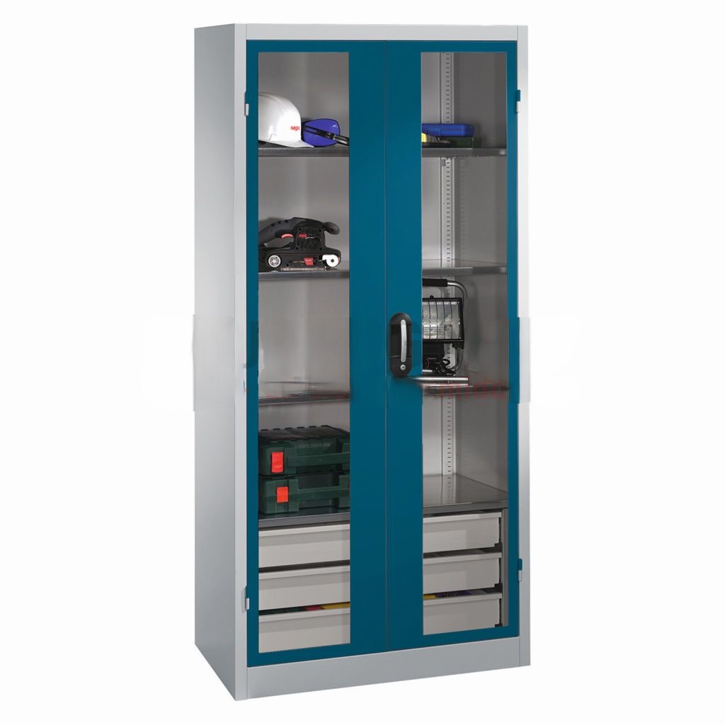 Cabinet material cabinet with viewing window in 2 hinged doors, 4 floors and 3 drawers