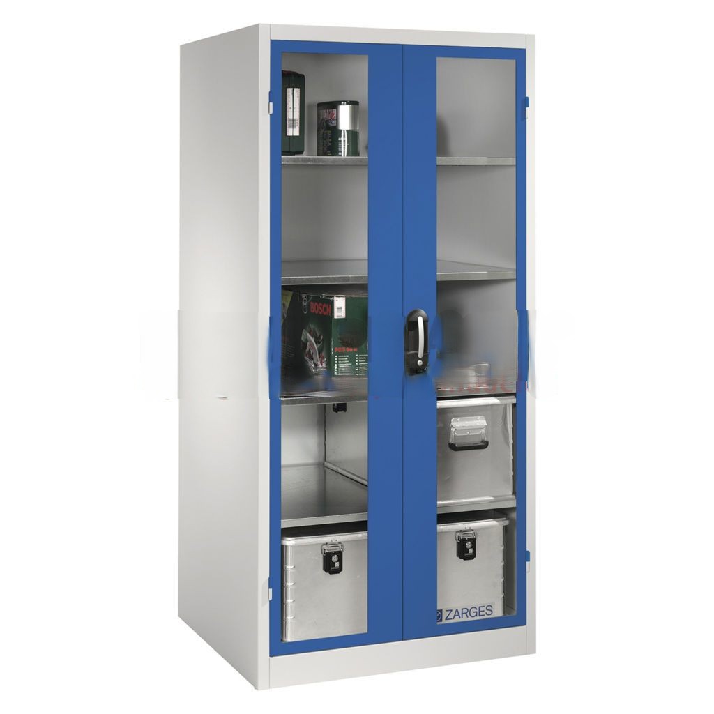 Cabinet material cabinet with viewing windows in 2 hinged doors and 4 floors