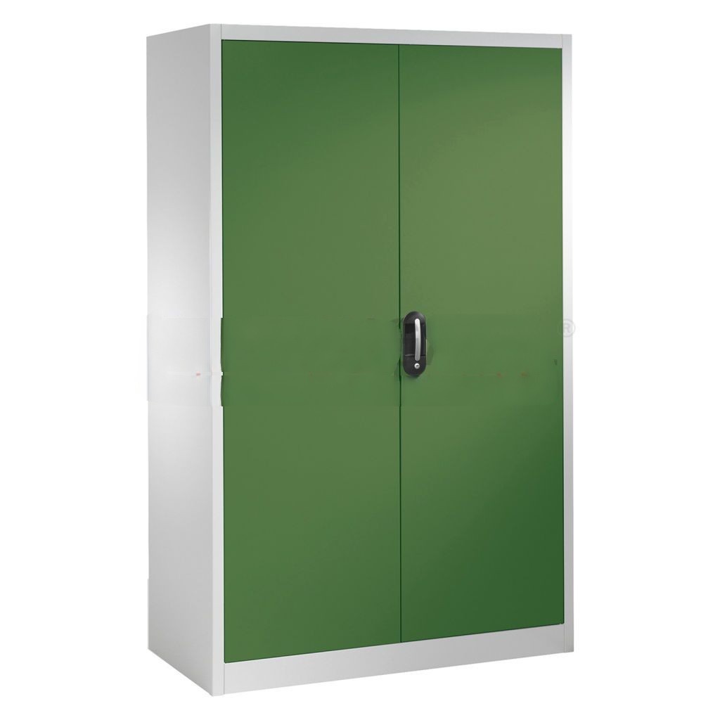 Cabinet material cabinet with 2 hinged doors, 4 shelves, 8 drawers and 1 safe