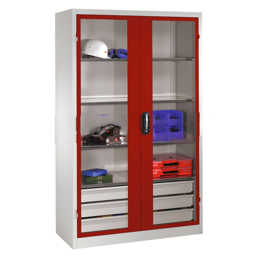 Cabinet material cabinet with viewing windows in 2 hinged doors, 3 floors and 3 drawers