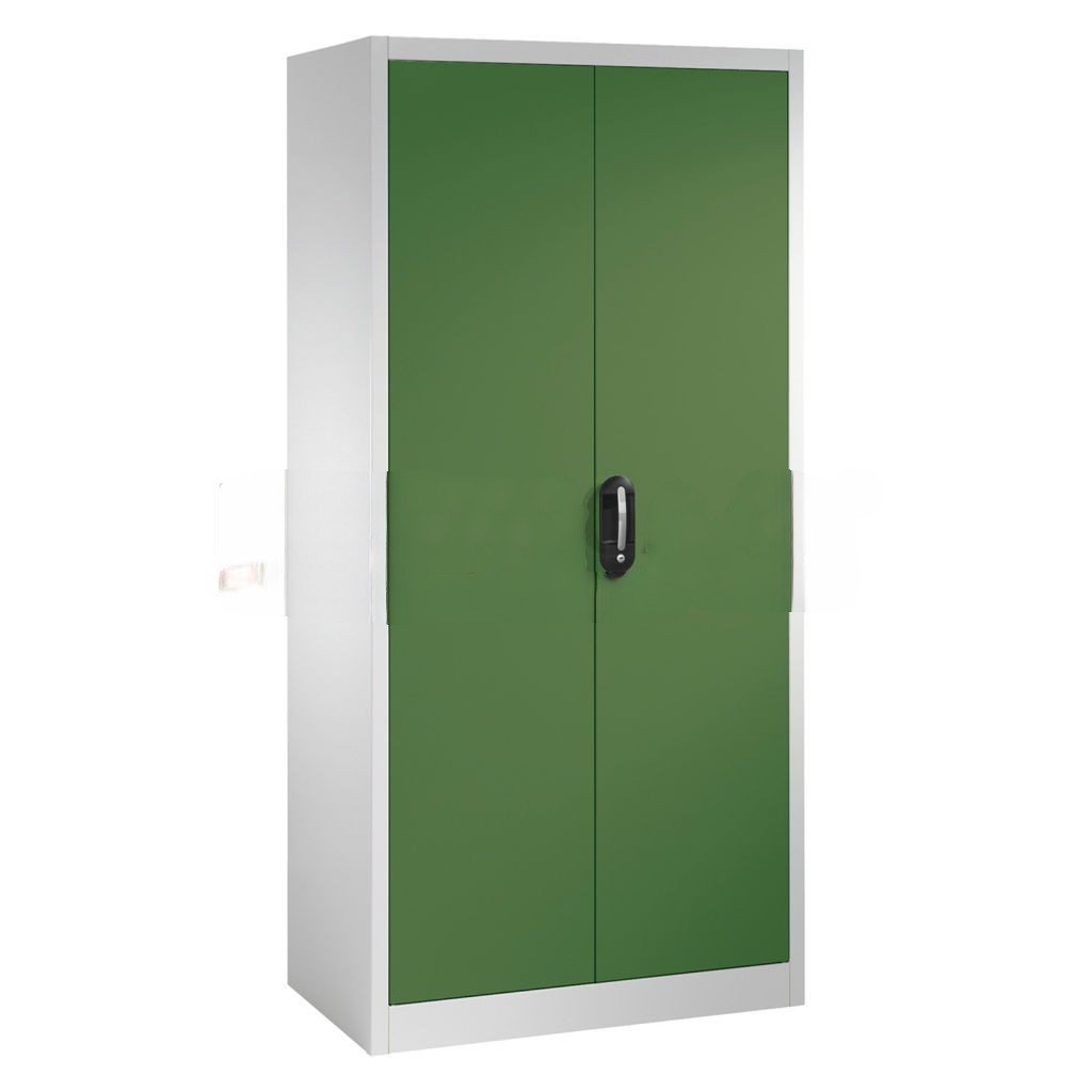 Cabinet material cabinet with 2 hinged doors, 4 shelves, 8 drawers and 1 safe