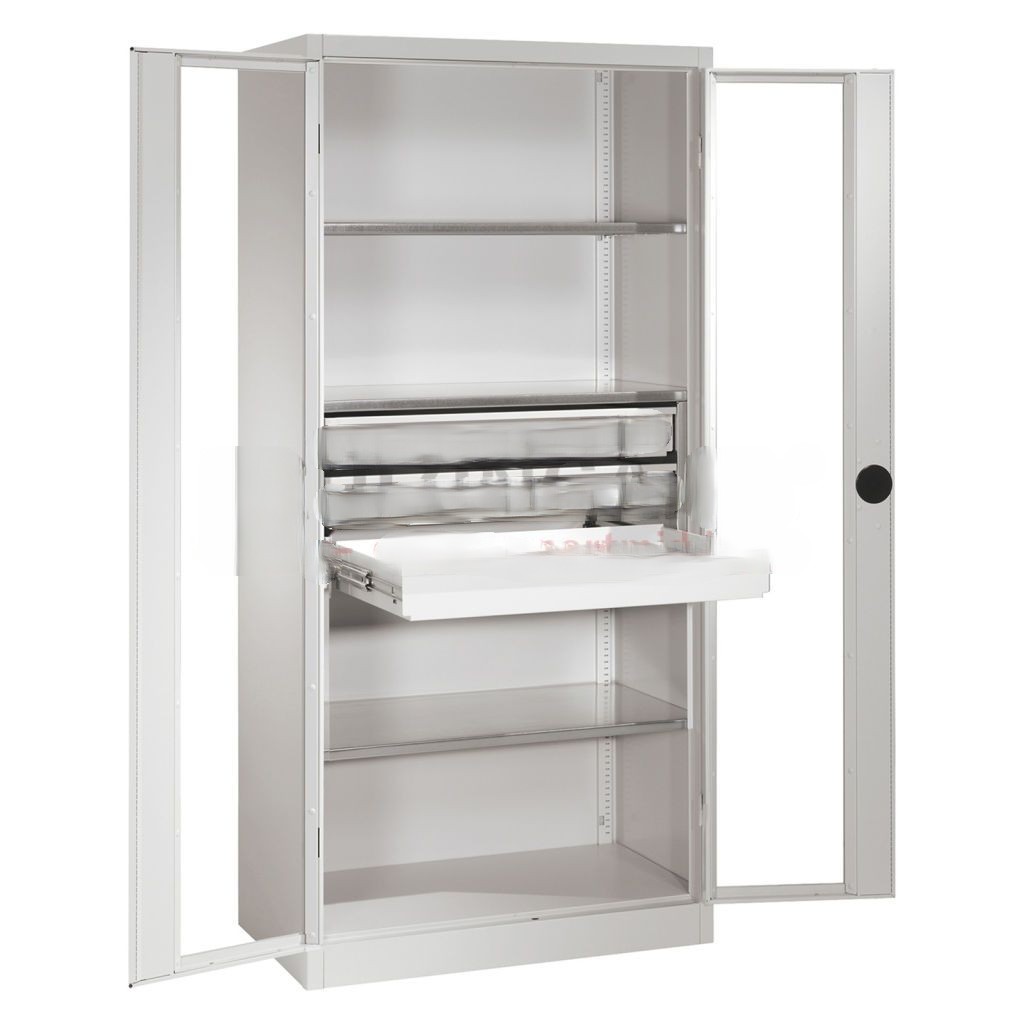 Cabinet material cabinet with viewing windows in 2 hinged doors, 3 floors and 3 drawers