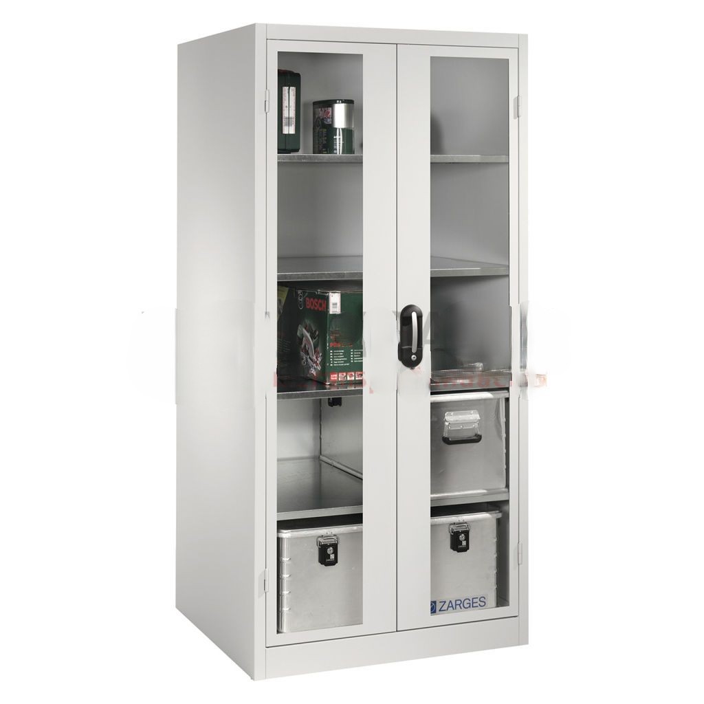 Cabinet material cabinet with viewing windows in 2 hinged doors and 4 floors