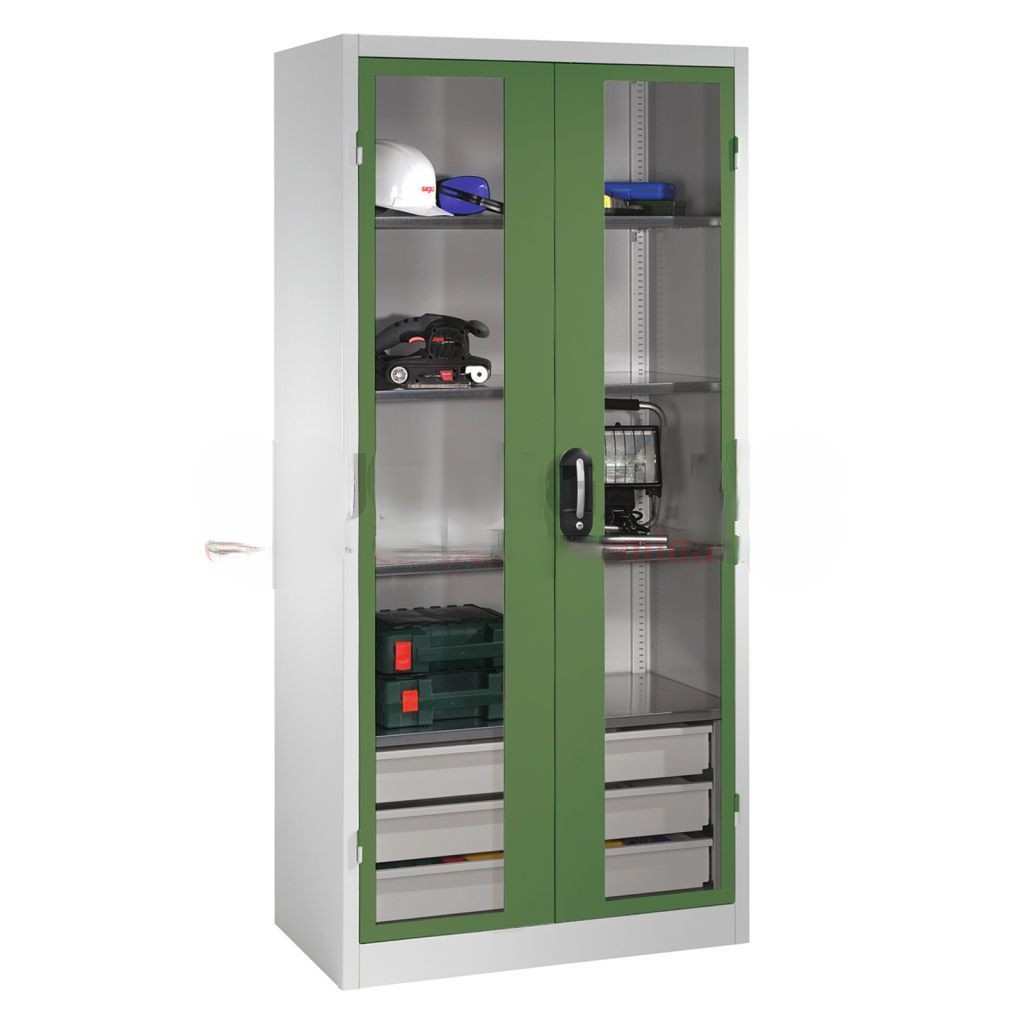 Cabinet material cabinet with viewing window in 2 hinged doors, 4 floors and 3 drawers