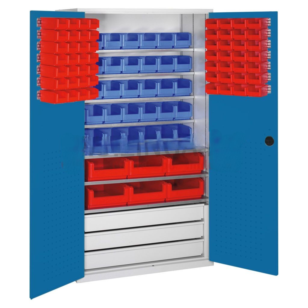 Cabinet boxes cabinet with 2 hinged doors, 3 drawers and 97 storage bins