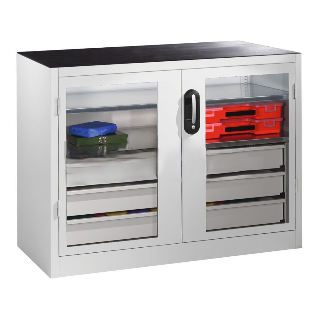 Cabinet workbenches with viewing windows in 2 hinged doors, 2 floors and 3 drawers