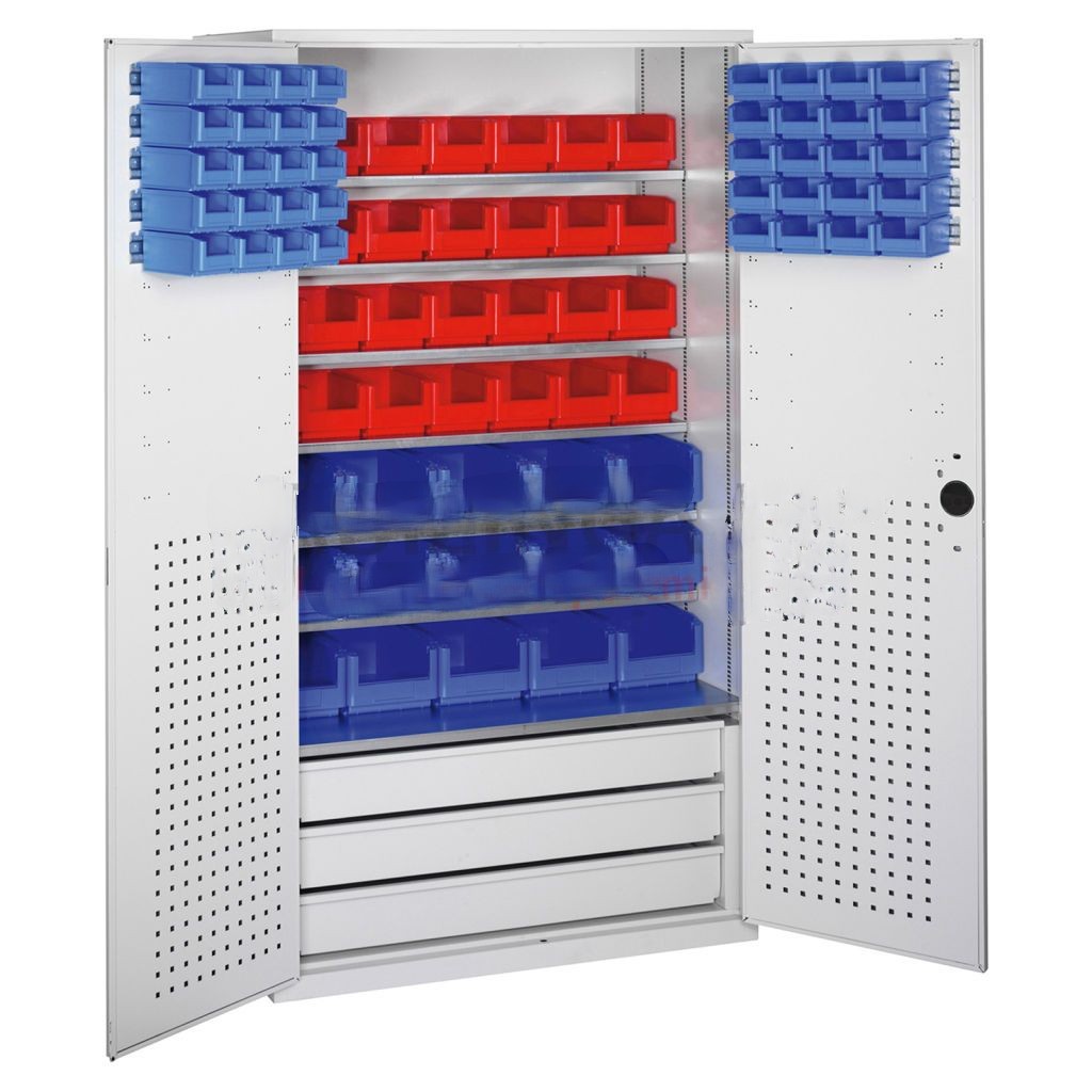 Cabinet boxes cabinet with 2 hinged doors, 3 drawers and 83 storage bins