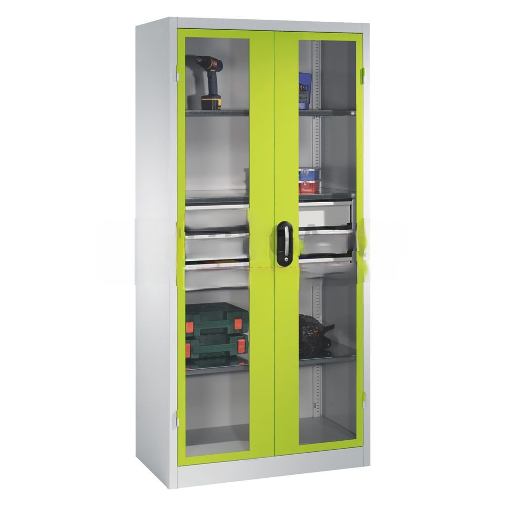 Cabinet material cabinet with viewing windows in 2 hinged doors, 3 floors and 3 drawers