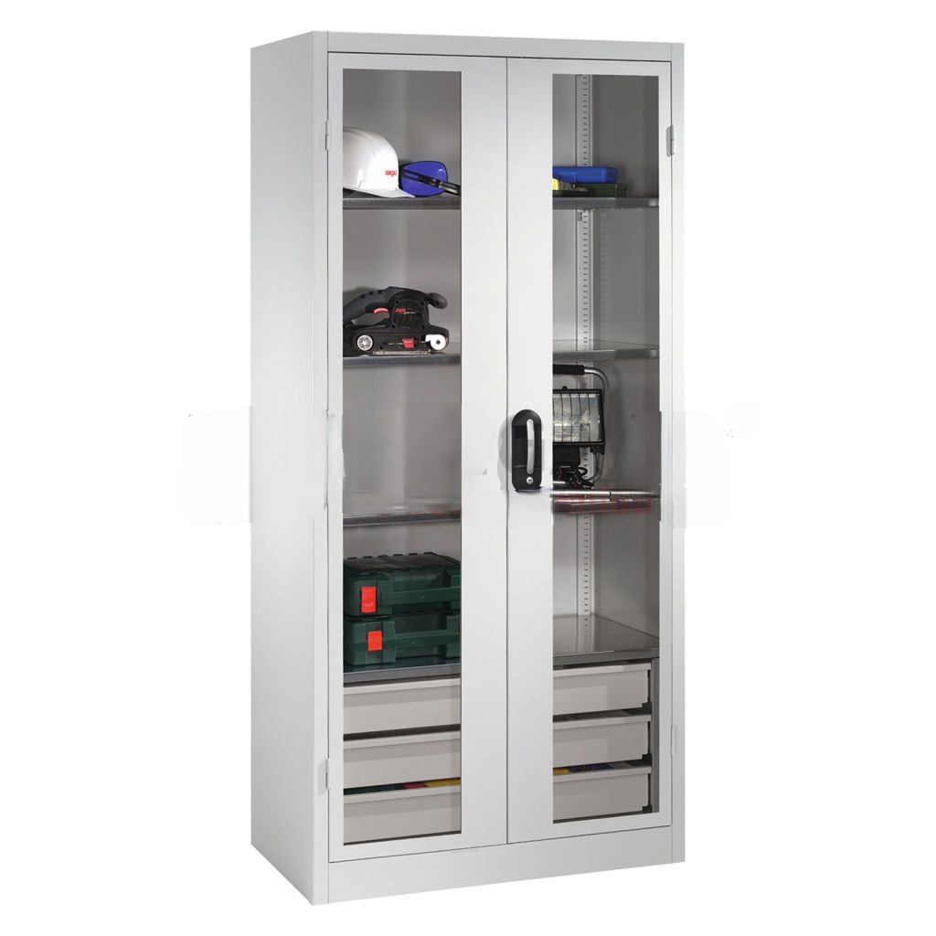 Cabinet material cabinet with viewing window in 2 hinged doors, 4 floors and 3 drawers