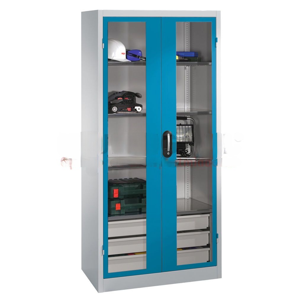 Cabinet material cabinet with viewing window in 2 hinged doors, 4 floors and 3 drawers