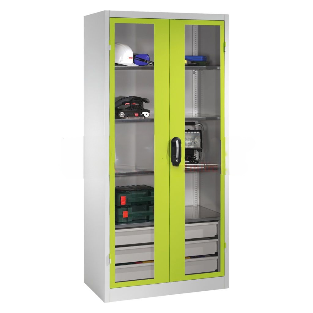 Cabinet material cabinet with viewing window in 2 hinged doors, 4 floors and 3 drawers