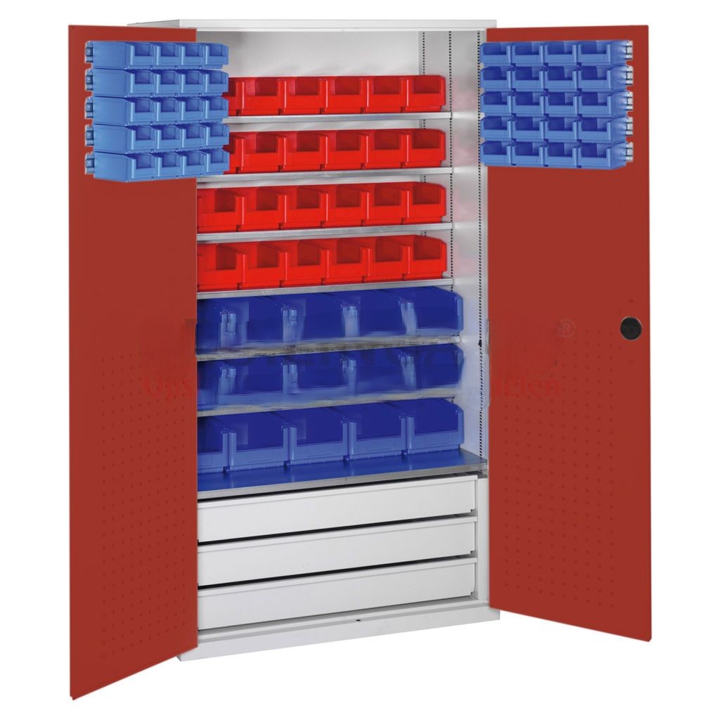 Cabinet boxes cabinet with 2 hinged doors, 3 drawers and 83 storage bins