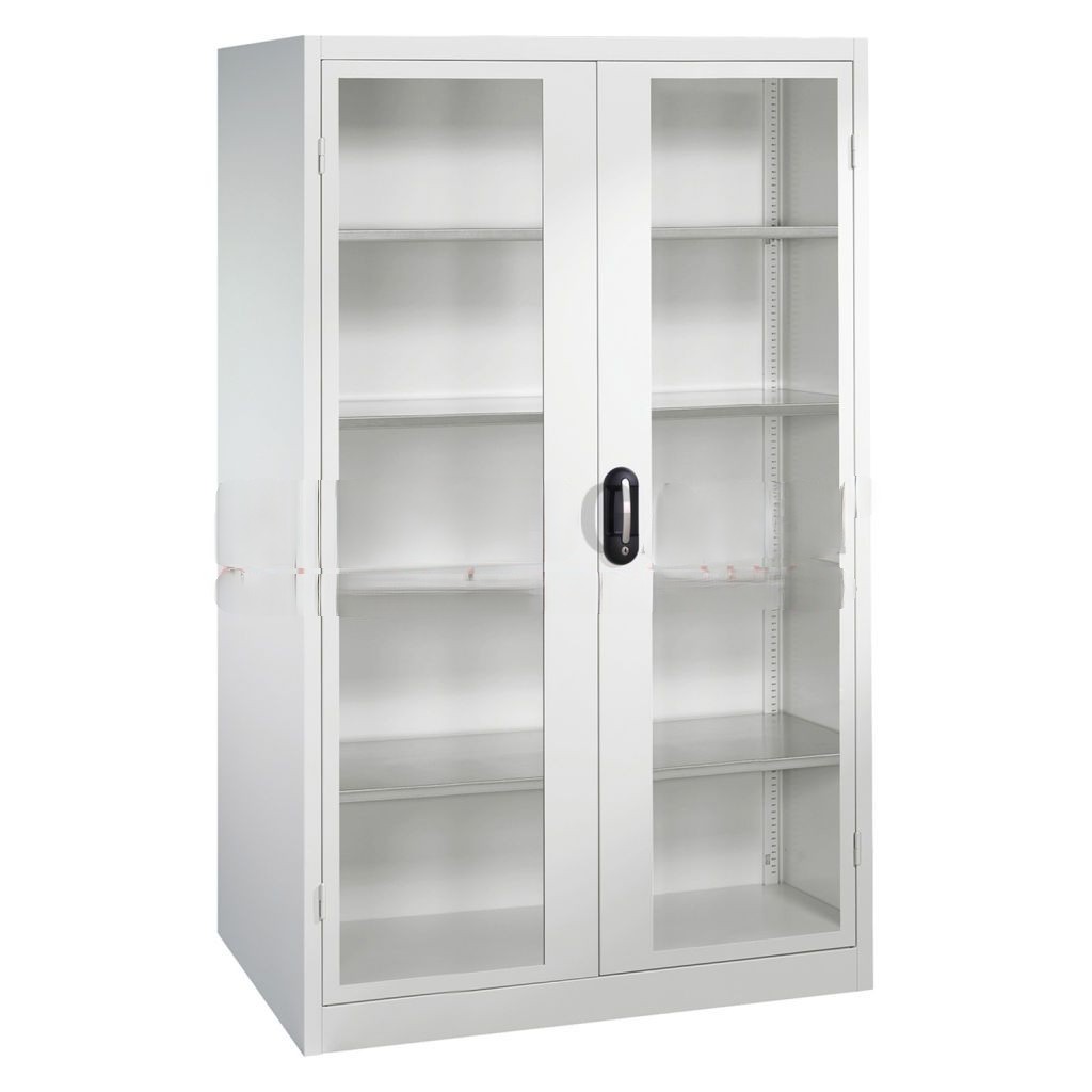 Cabinet material cabinet with viewing windows in 2 hinged doors and 4 floors