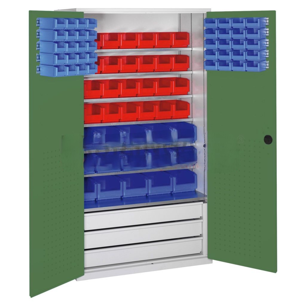 Cabinet boxes cabinet with 2 hinged doors, 3 drawers and 83 storage bins