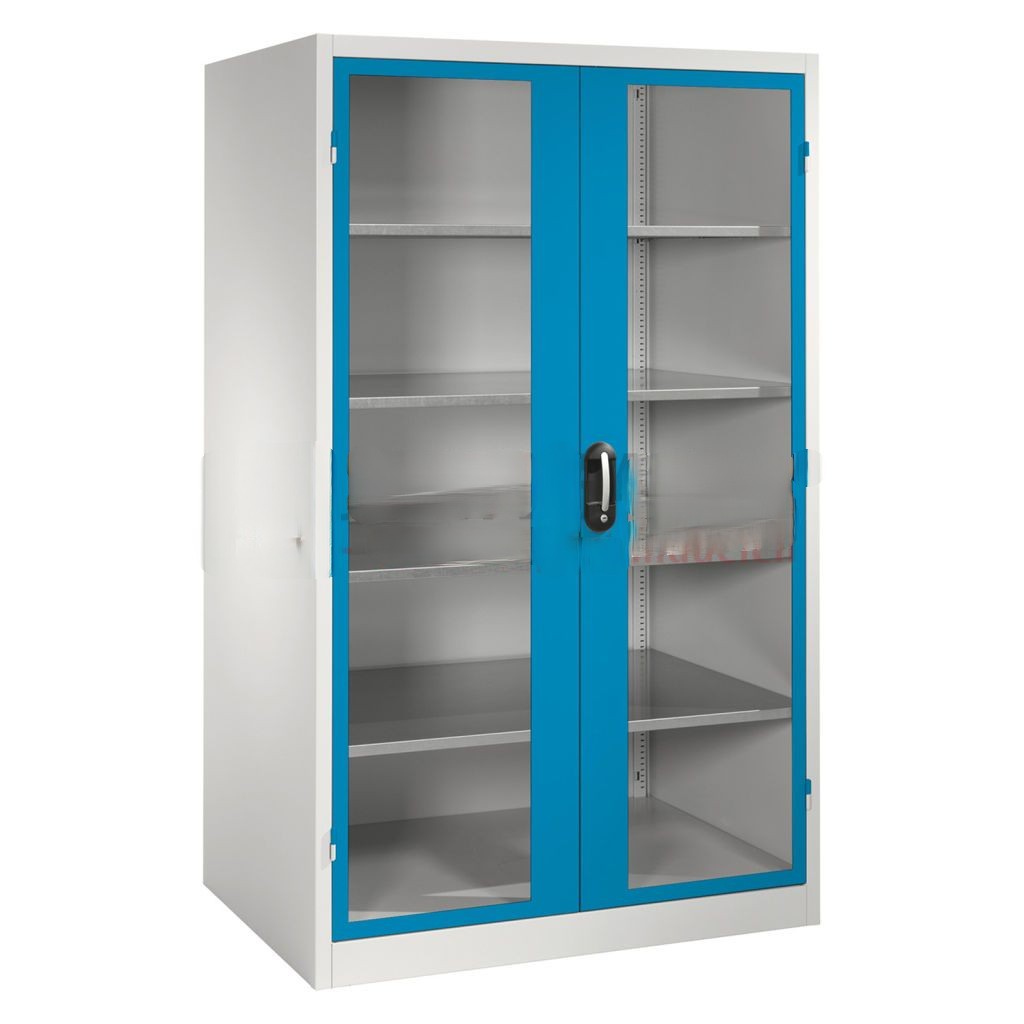 Cabinet material cabinet with viewing windows in 2 hinged doors and 4 floors