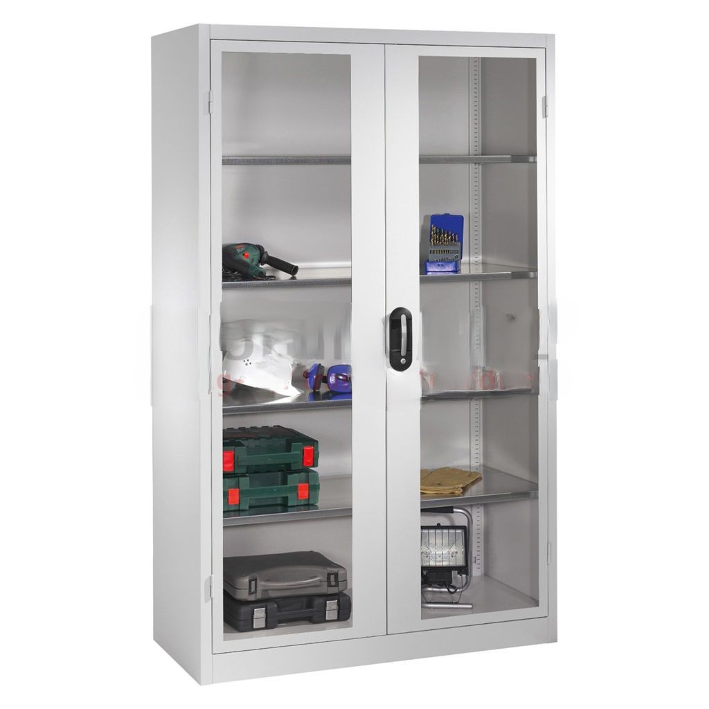 Cabinet material cabinet with viewing windows in 2 hinged doors and 4 floors