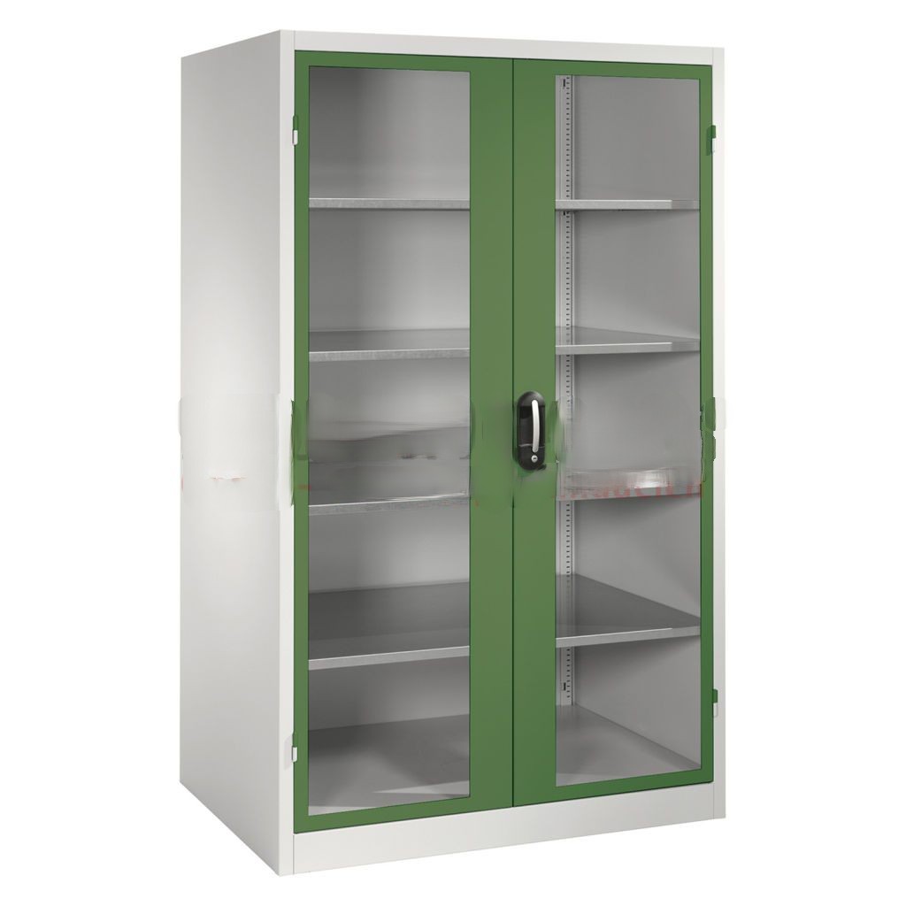 Cabinet material cabinet with viewing windows in 2 hinged doors and 4 floors