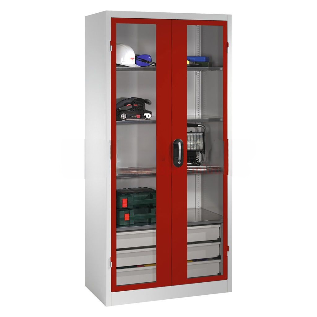 Cabinet material cabinet with viewing window in 2 hinged doors, 4 floors and 3 drawers