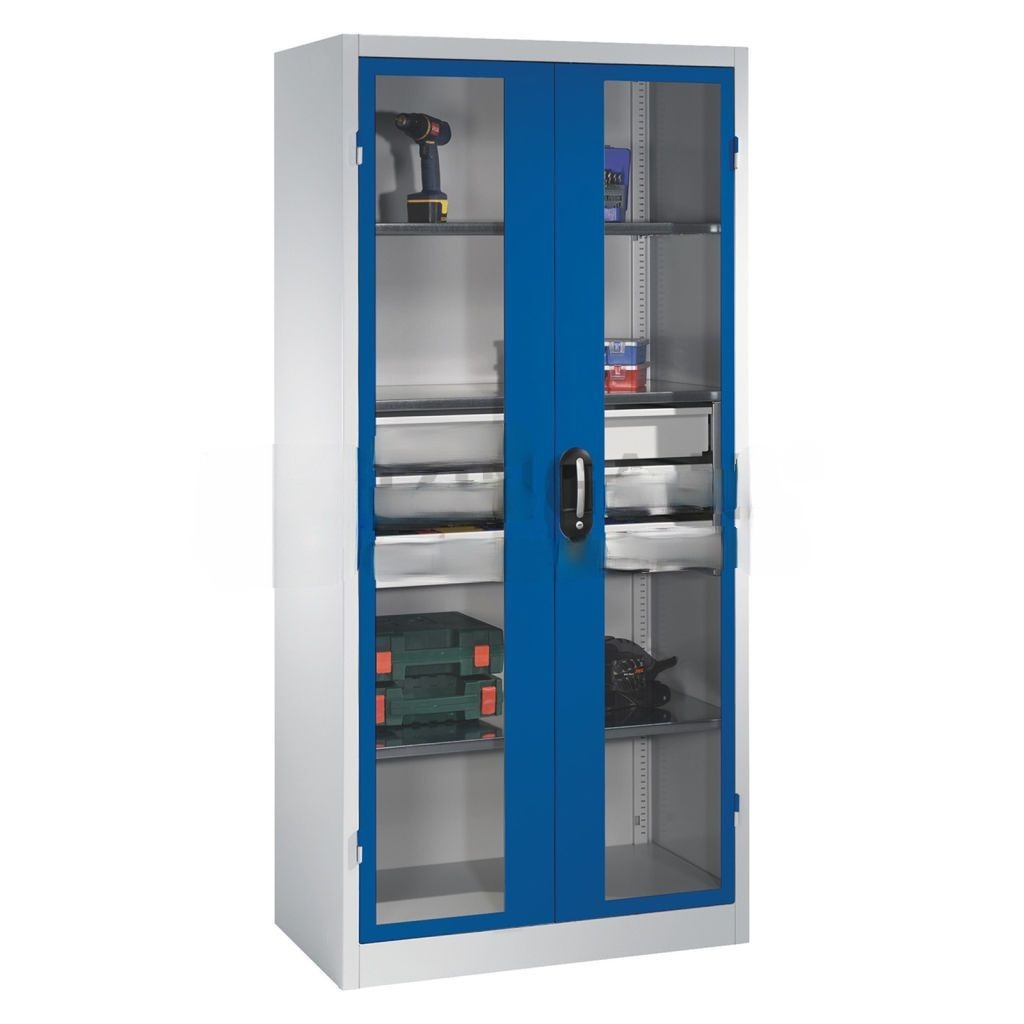 Cabinet material cabinet with viewing windows in 2 hinged doors, 3 floors and 3 drawers