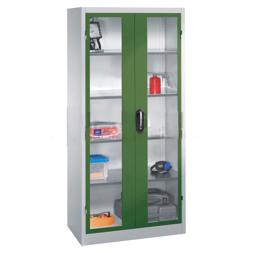 Cabinet material cabinet with viewing windows in 2 hinged doors and 4 floors