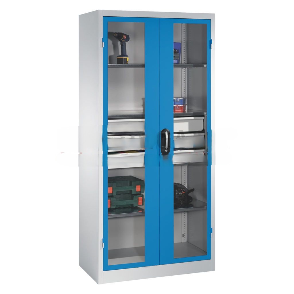 Cabinet material cabinet with viewing windows in 2 hinged doors, 3 floors and 3 drawers