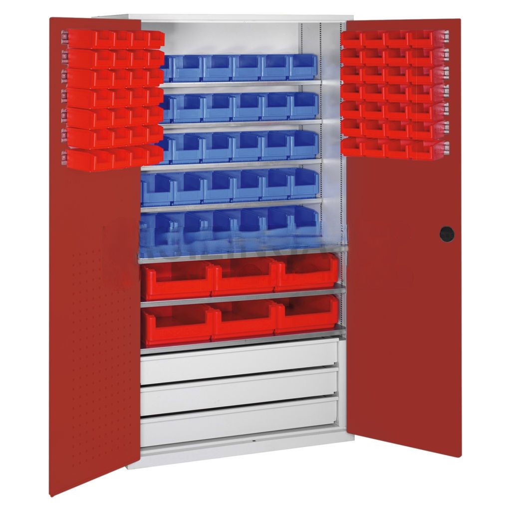 Cabinet boxes cabinet with 2 hinged doors, 3 drawers and 97 storage bins