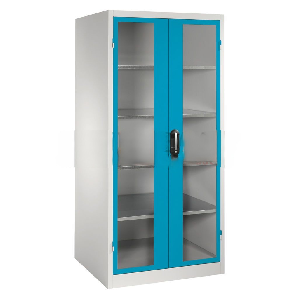 Cabinet material cabinet with viewing windows in 2 hinged doors and 4 floors