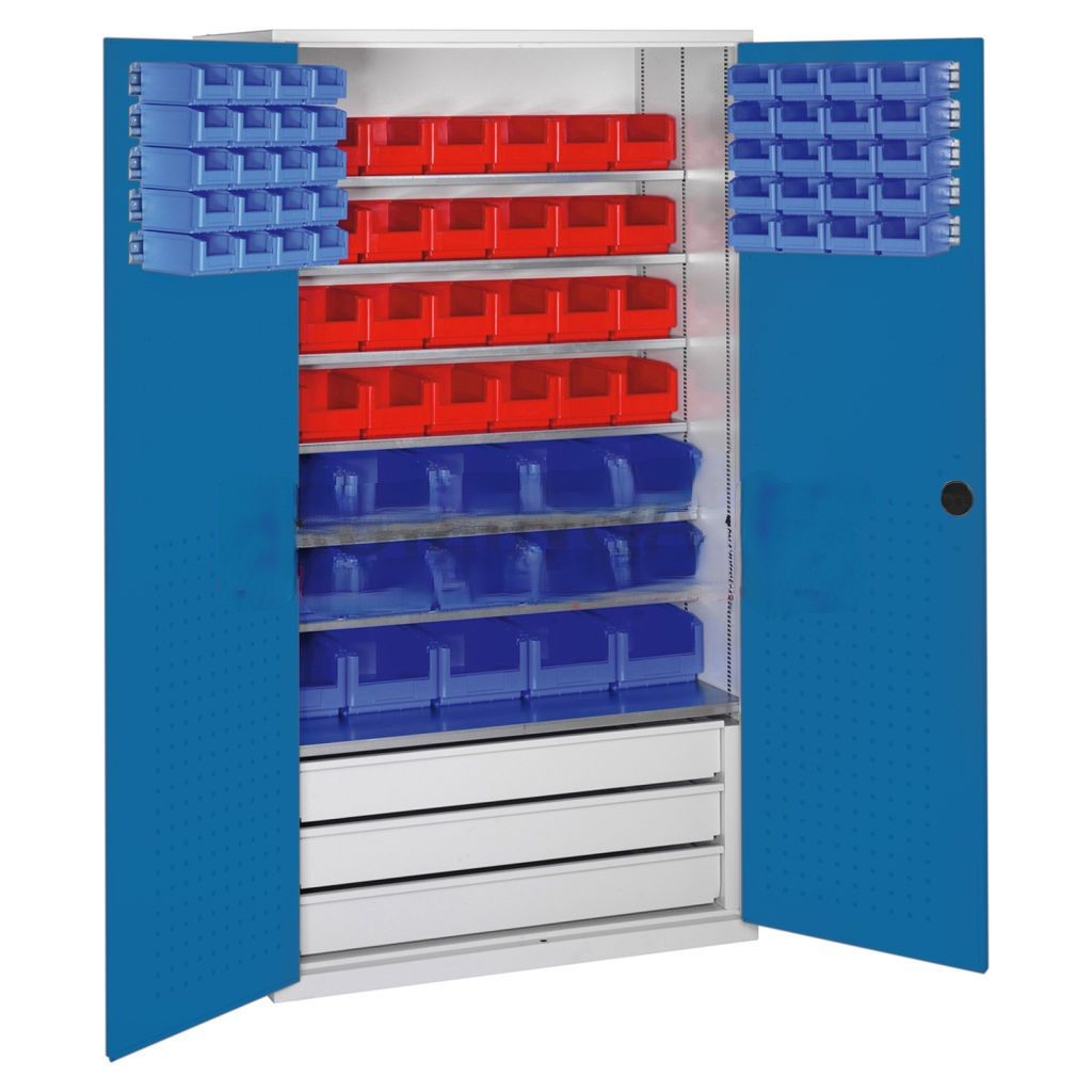Cabinet boxes cabinet with 2 hinged doors, 3 drawers and 83 storage bins